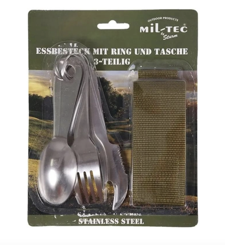 Набір столовий Mil-Tec з чохлом Виделка, Ніж-відкривачка, Ложка ESSBESTECK M.RING S/STEEL 3-TLG.M.TASCHE (14624000)