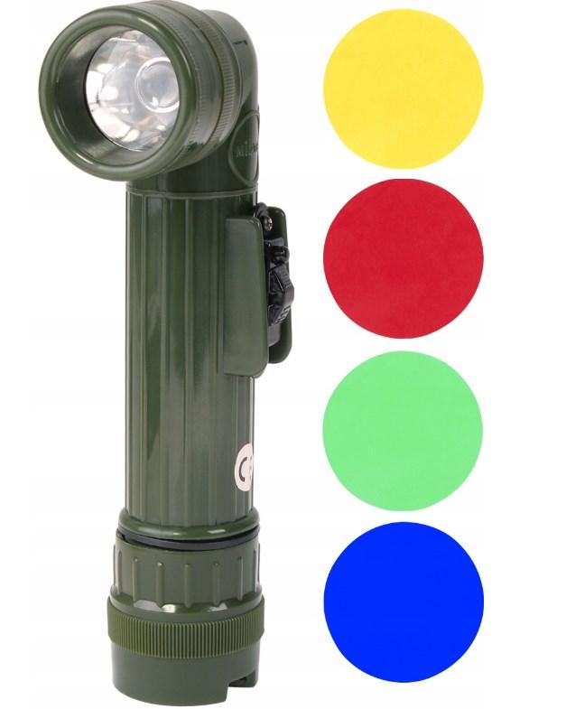 Ліхтарик ручний Mil-Tec LED зі змінними лінзами (червоний, синій, зелений, жовтий) US LED WINKELTASCHENLAMPE SM OLIV (15143001)